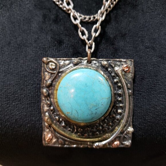 Vintage Silver Chain Brooch Pendant Fringe Pearl Turquoise Necklace - Picture 2 of 6